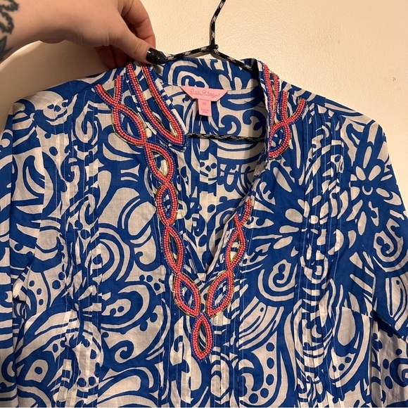 Lilly Pulitzer Sarasota Beaded Cotton Tunic size XS Blue Pink - Picture 4 of 8